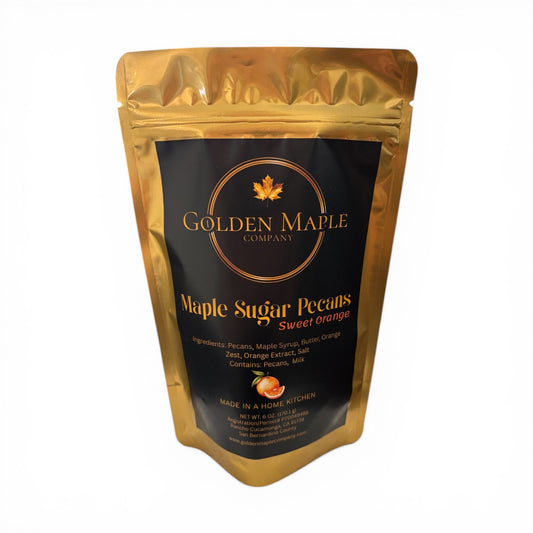 Gold packaging of Golden Maple Company Maple Sugar Pecans on a white background