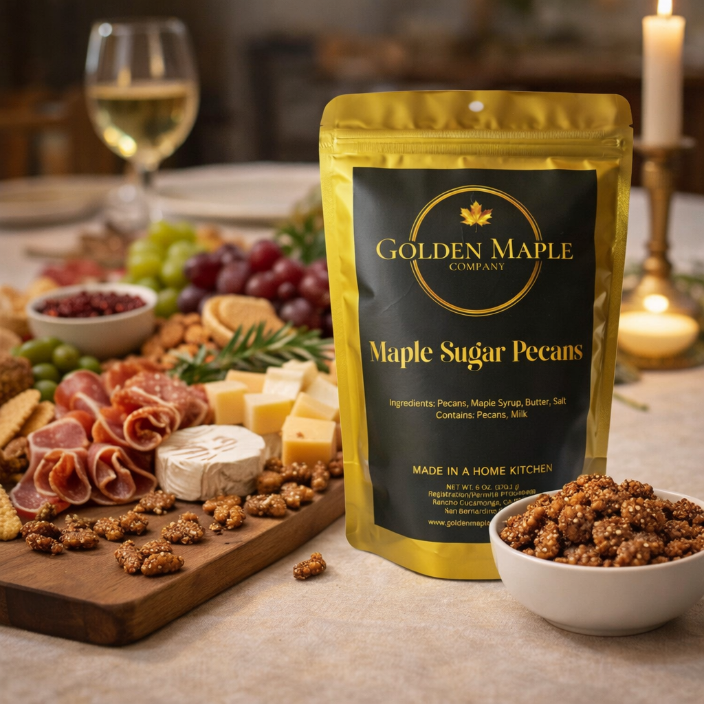 Bag of Golden Maple Company Maple Sugar Pecans on a table with a charcuterie board and wine.