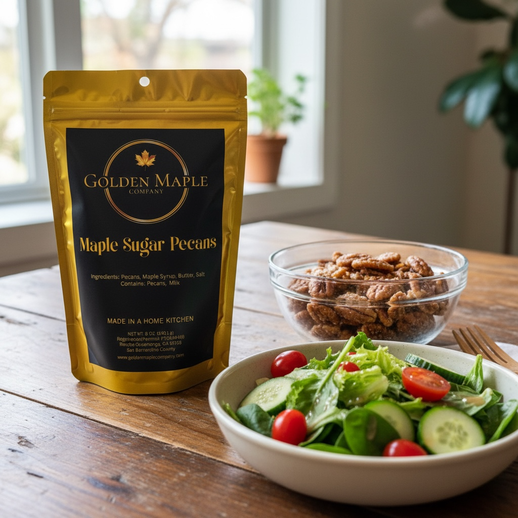 Bag of Golden Maple Company maple sugar pecans next to a bowl of salad on a wooden table.