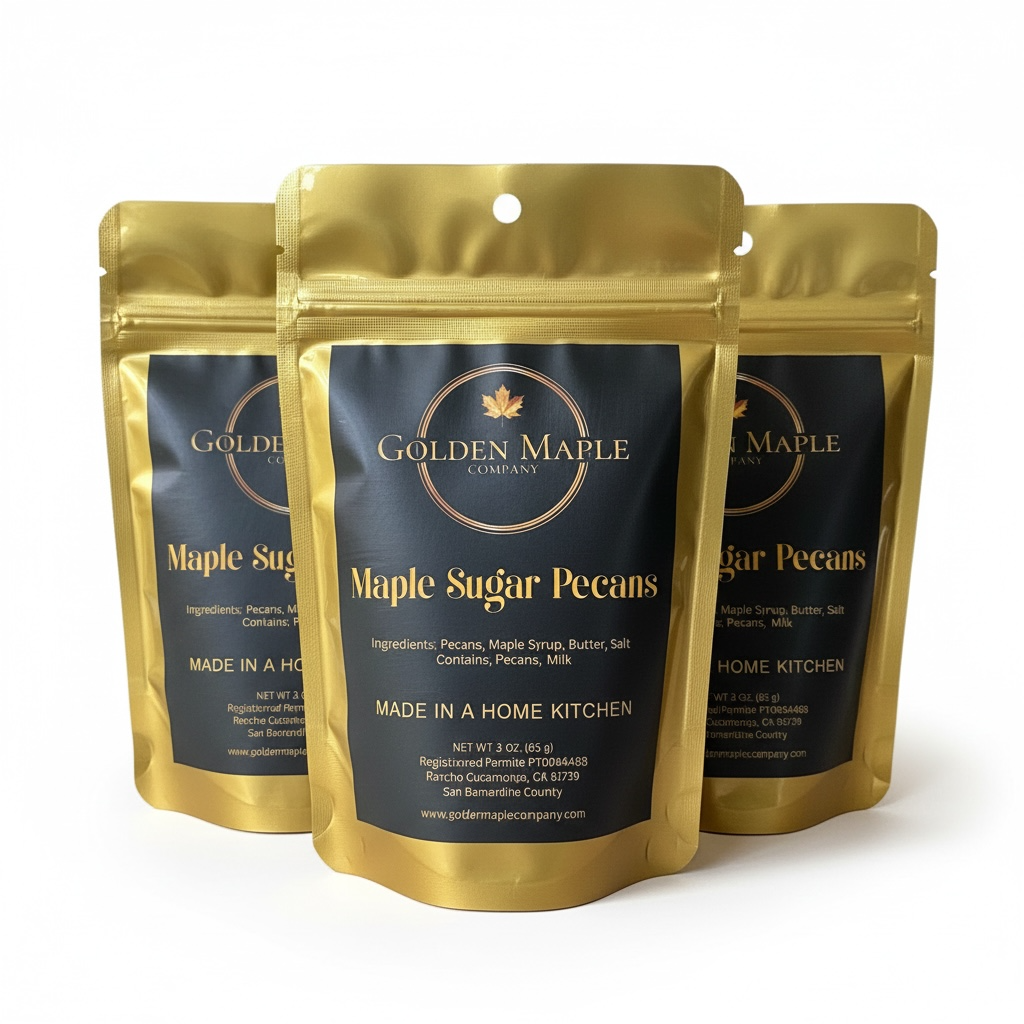 Three packages of Golden Maple Company Maple Sugar Pecans on a white background