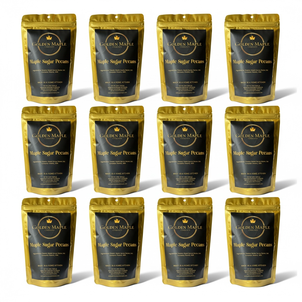 Multiple packages of Golden Maple Maple Sugar Pecans on a white background