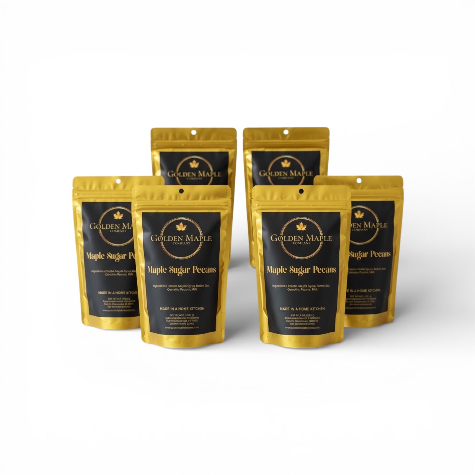 Six packages of Golden Maple Sugar Pecans on a white background